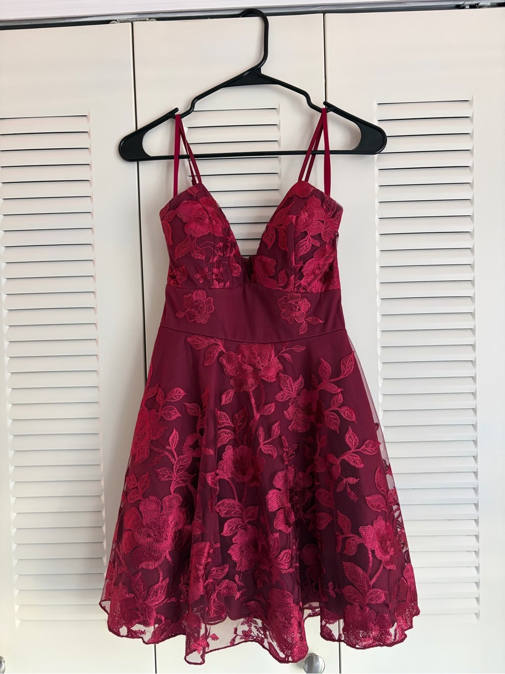 Floral Lace Fit & Flare Mini Dress in Burgundy